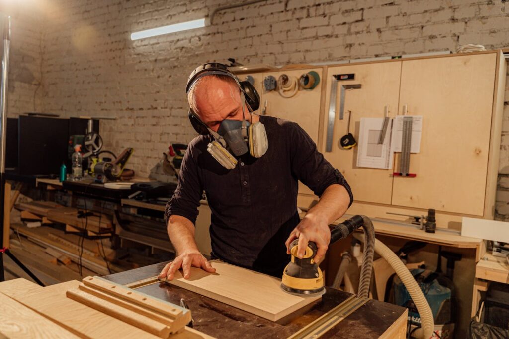 Craftsman wearing safety gear while sanding wood indoors. Focus on precision and safety in woodworking.
